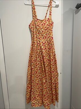 Vintage Laura Ashley Sunlit Yellow Floral Maxi Dress with Pink Rose Print